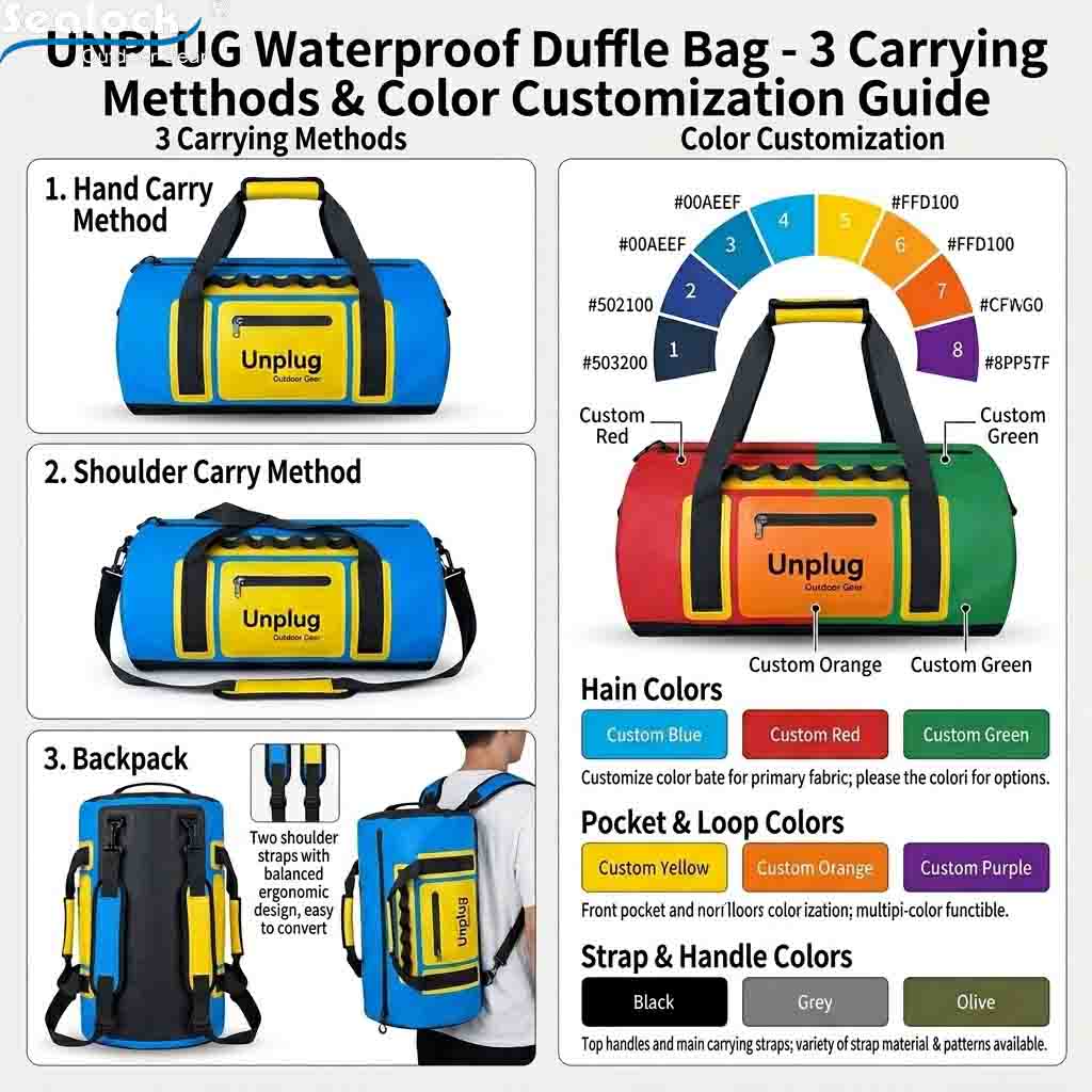 Convertible waterproof duffel bag shown in backpack duffel and dry-sack carry modes