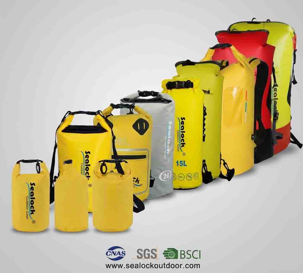 Full line of dry bags in one brand colourway from small sack to dry backpack