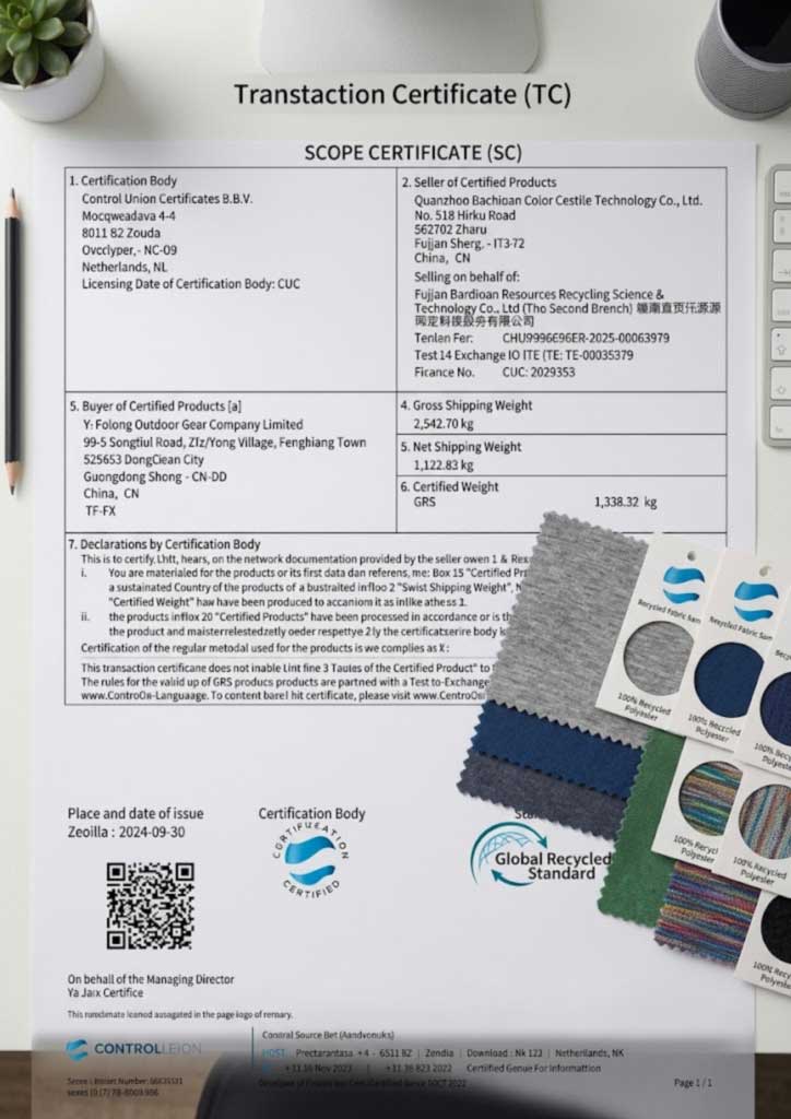 GRS scope certificate and transaction certificate beside a recycled material swatch